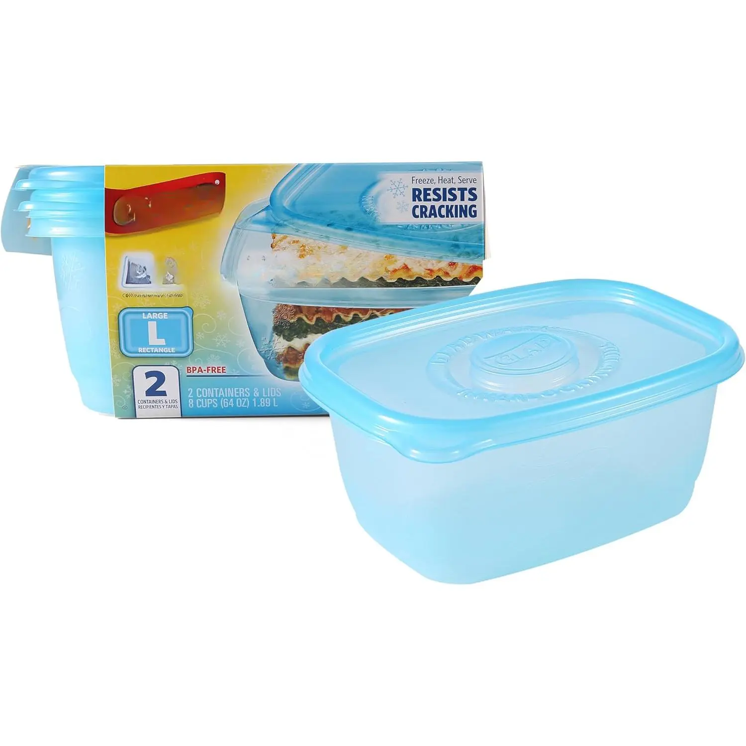 Freezerware Food Storage Containers, Large | Rectangle Food Storage Containers for Everyday Use | Food Containers Safe for Freezer, Hold up to 64 Ounces of Food, 2 Count Set,Blue