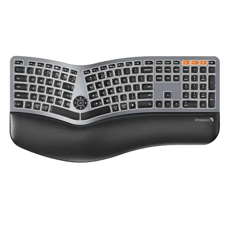 ProtoArc EK01 Plus Backlit Full-Size Sculpted Split Ergonomic Keyboard - Bluetooth Wireless with Dual Bluetooth, USB-C Socket, Cushioned Wrist Rest, Rechargeable, Compatible with Windows/Mac/Android, Keyboards