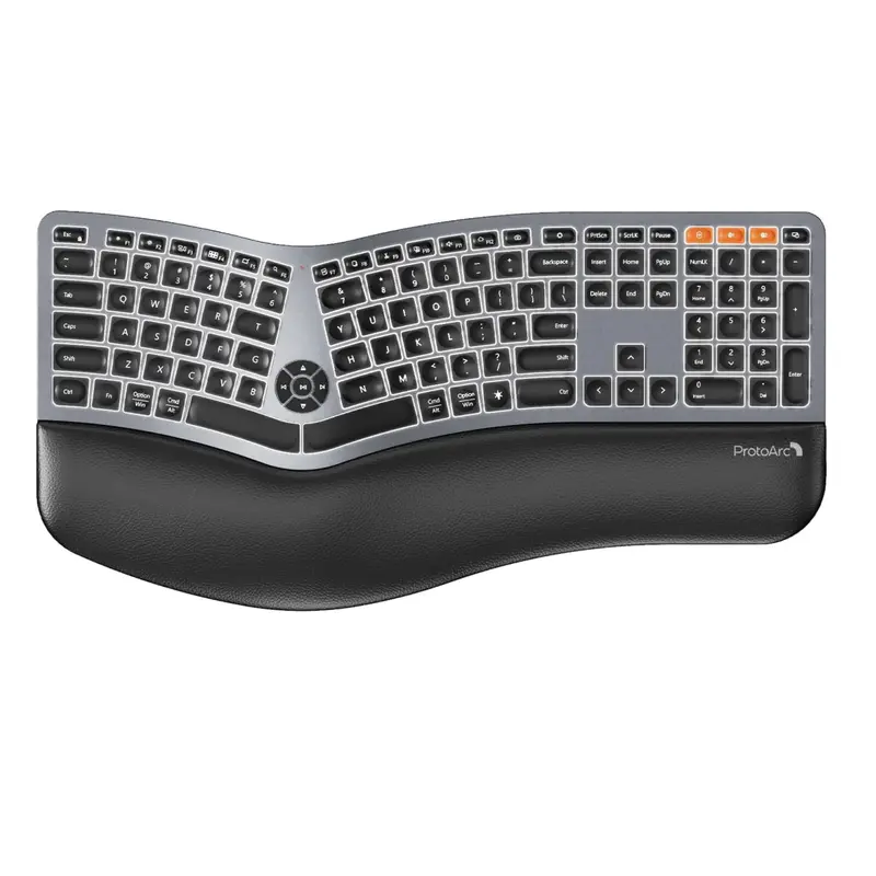 ProtoArc EK01 Plus Backlit Full-Size Sculpted Split Ergonomic Keyboard - Bluetooth Wireless with Dual Bluetooth, USB-C Socket, Cushioned Wrist Rest, Rechargeable, Compatible with Windows/Mac/Android, Keyboards