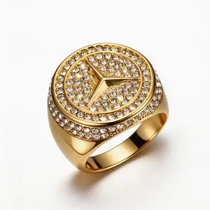 Stainless Steel Titanium Hip Hop Punk Iced Out Bling 14K Gold Plated Star Luxury Full Stone Ring for Men Women Couple Gift Fashion Jewelry