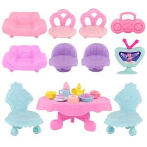 17 pcs Miniature Pet Figure Doll House Accessories Set Sofa Chairs Video TV Dest Food and Drink for Kids Animal Collectable Figure Toy Gift
