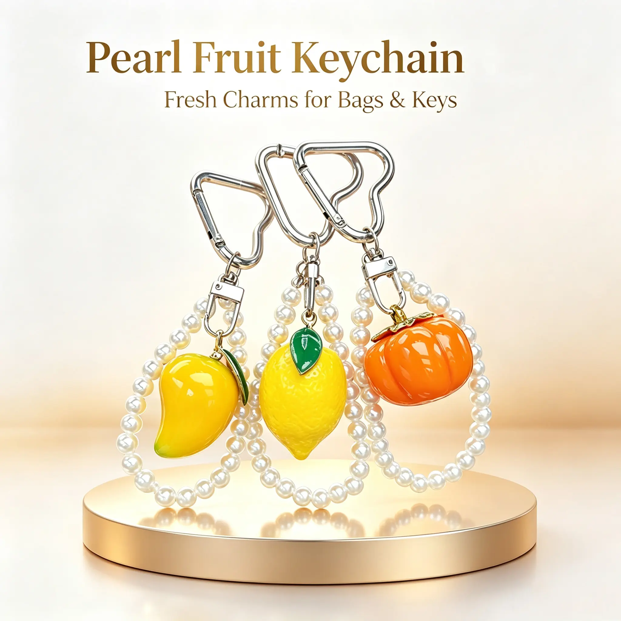 Energetic fruit keychain with pearl chain, available in mango, lemon, and pumpkin styles. Cute, elegant and sweet bag and key pendant.halloween / haunted