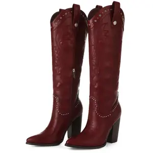 EROCALL Women's Mid Calf Cowboy Boots Classic Studded Cowgirl Boots with Pointed Toe Chunky Heel Pull On Design Fashion Western Booties for Dress Wedding