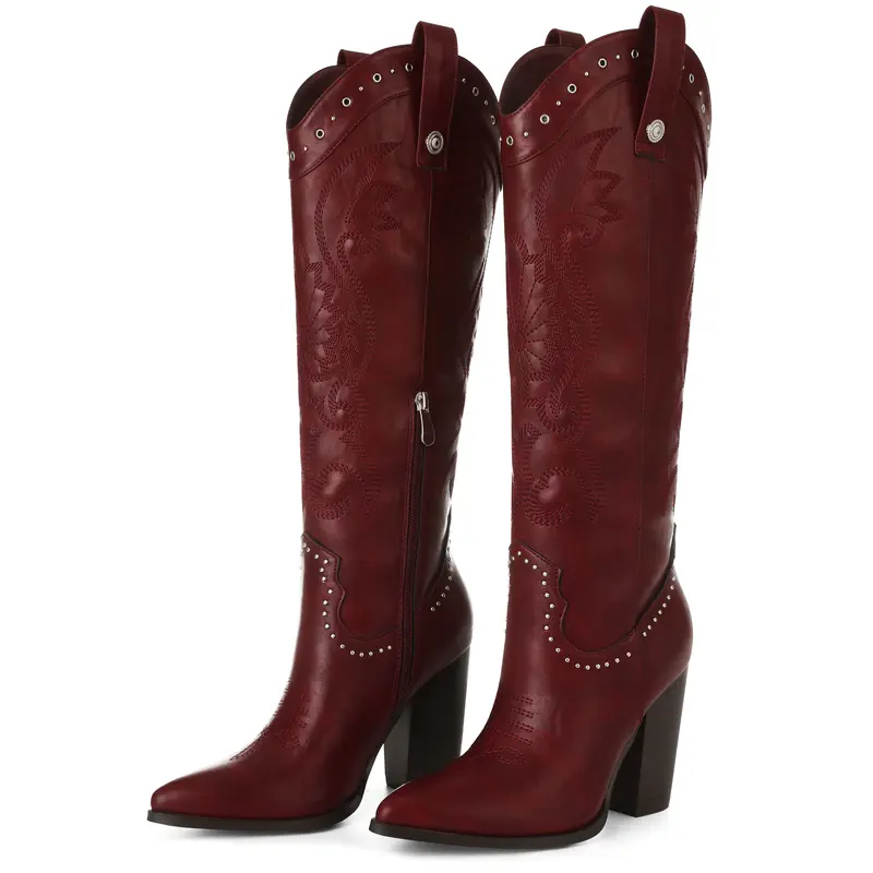 EROCALLI Women's Classic Mid-Calf Studded Cowboy Boots - Pointed Toe, Chunky Heel, Pull-On, Shoes for Women, Cowgirl Stuff, Western Stuff, All Seasons, Casual Booties for Dress, Wedding
