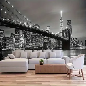 1pc FENDROM Modern Tapestry - Brooklyn Bridge Night Skyline Manhattan NYC Black & White Cityscape Wall Art, Horizontal Premium Peach Light Beige Fabric Indoor Wall Hanging for Living Room Bedroom Dorm Decor, Modern Wall Art, Home Decoration, Contemporary