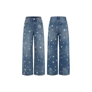 TCH rhinestone star retro distressed high waisted slim straight leg jeans for women, spring/summer 26 new style