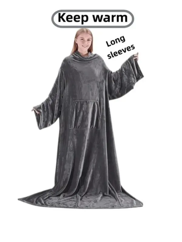 Long, over-the-knee travel blanket with sleeves, made of flannel, perfect for home, office, or outdoor trips