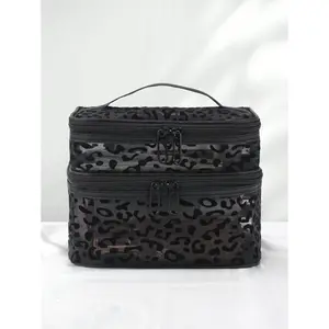 Polyester Leopard Print Black Mesh Double-Layer Cosmetic Bag, 1pc Portable Large-Capacity Zipper Organizer for Makeup Tools & Toiletry Storage, Women’s Home & Travel Christmas Gift