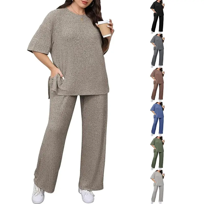 【1XL-5XL】Imily Bela Curve Womens Plus Size Lounge Sets Short Sleeve Tops and Wide Leg Pants Airport Travel 2 Piece Outfits Tracksuit