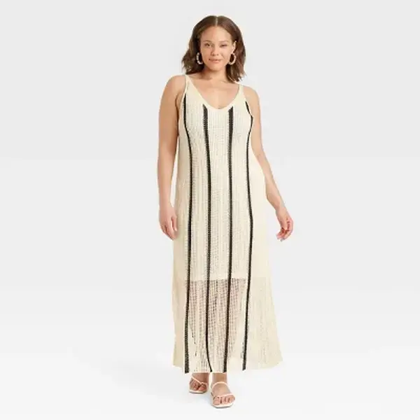 Newday Women's Pointelle Open Work Maxi Sundress, a Casual Sleeveless V-Neck Pullover in a Comfy Viscose Blend Fabric