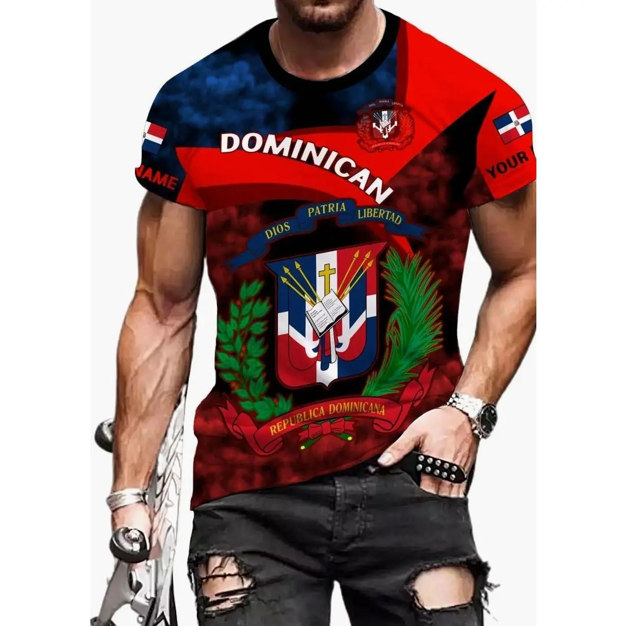 Custom 3D Dominican Republic Flag T-Shirt, Personalized Graphic Short Sleeve Tee, Unisex Casual Summer Sports Jersey S-3XL 32SE