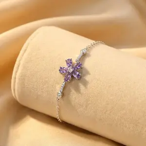 925 Silver Purple Flower CZ Bracelet | Adjustable Chain Zircon | Gift for Her