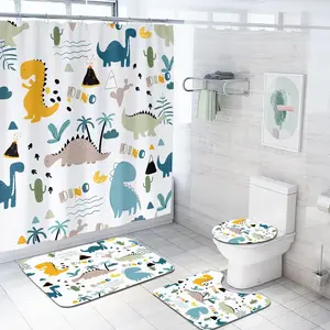 Coxila 4 Pcs Dinosaur Shower Curtain Set for Boys Kids, White Cute Cartoon Dino Bathroom Decor with Non-Slip Rug, Toilet Lid Cover and Bath Mat, Funny Animal Polyester Fabric, 60 x 72 Inch