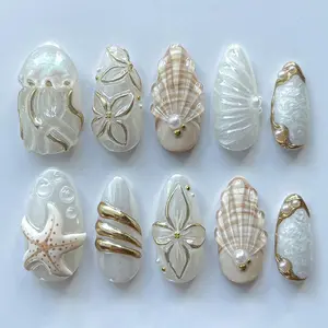 Seashell Starfish Jellyfish Mermaid Press On Nails, 3D White Gold Reusable Fingernails, Gel Fake Nails, Glue on Nails