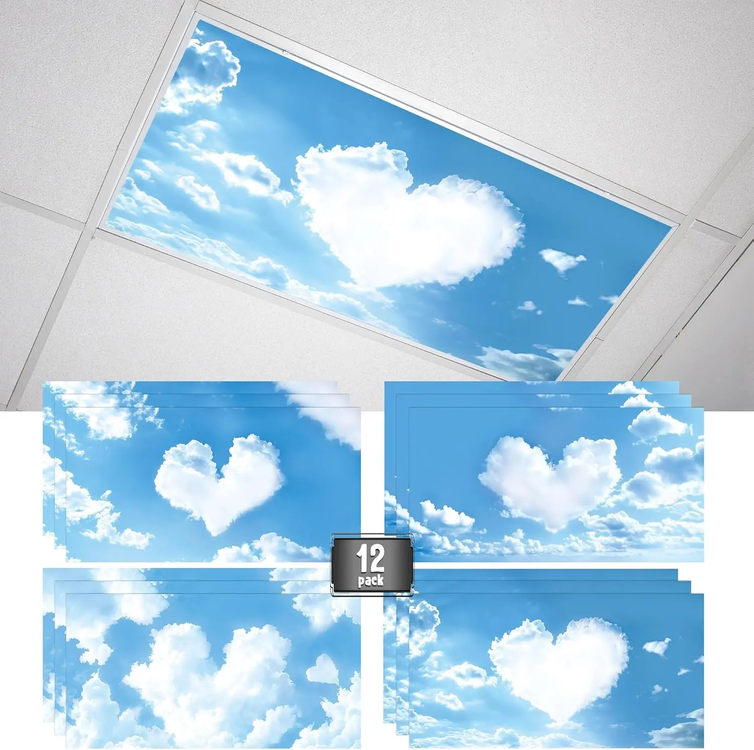 12 Pack Fluorescent Light Covers for Ceiling Lights, Magnetic School Classroom Office Hospital Light Filters, Clouds Room Decor
