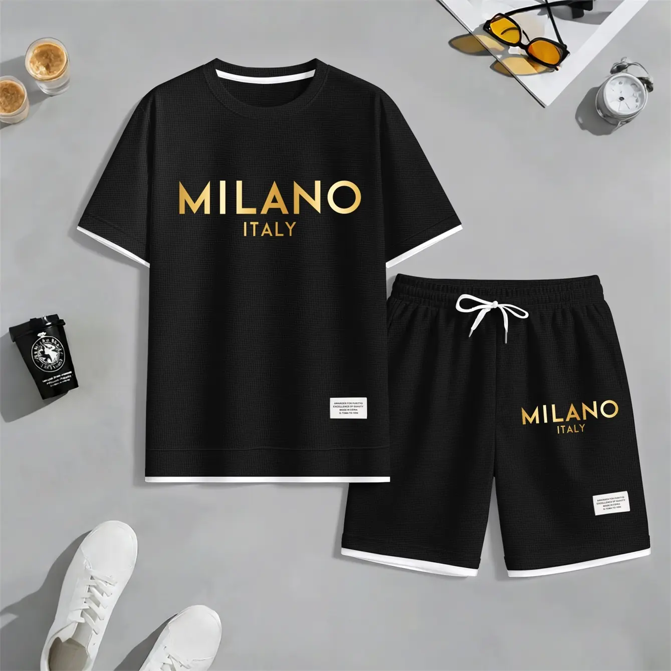 Men's 2-Piece Casual Menswear Set, Golden Milano Print Waffle Polyester Short-Sleeved Shirt and Shorts, Coordinated Costume Set, Minimalist, Athletic, Soft, Loose, Shortsleeve, Round Neck, Crew Neck, Outdoor