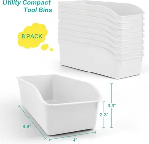 Plastic Shelf Bins - 8 Pack Tool Bin with Quick-access Open Front Design - Garage Closet and Drawer Accessory Organizer for Parts, Hardware, Tools, Arts and Crafts Supplies, DIY, Toys (White)