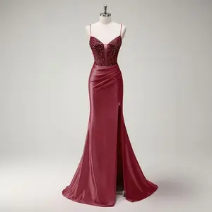 ZAPAKA Sparkly Red Mermaid Spaghetti Straps Beaded Corset Satin Long Prom Dress with Slit Formal Womenswear Basic Minimalist Sleeveless