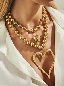 Exaggerated Lava Heart Pendant Necklace Set, Fashion Ccb Beaded Choker, Layered Necklaces, Street Style, All Seasons, No Choking Hazard, Plain Design, Love Heart Necklace