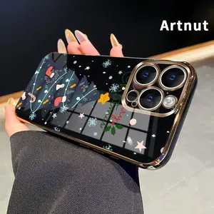 Electroplating Phone Case for iPhone 16 Pro Max 15 14 Plus 13 12 Mini 11 Promax X XS XR xsmax Colorful Christmas Tree Pattern Classic Square Design Non Slip TPU Soft Shell for Boy