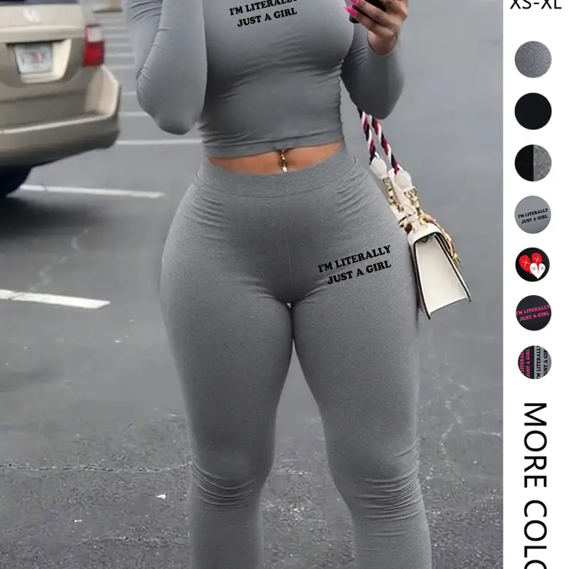 Women's Casual Fitted Crop Top Set, Long Sleeve Plain Sporty, pantsuit,long johns,Two-Piece Long Pants Suit for Spring & Fall Seasons