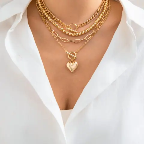 Women's Punk Style Love Heart Necklace & Beaded Necklace, Stackable Clavicle Chain, Multilayer Necklace, Layered necklaces, Stacking Necklace, 4pcs/set Ot Buckle Design Matching Necklaces, Chic All-match As Gift for Girlfriend, Exquisite Jewelry Gift