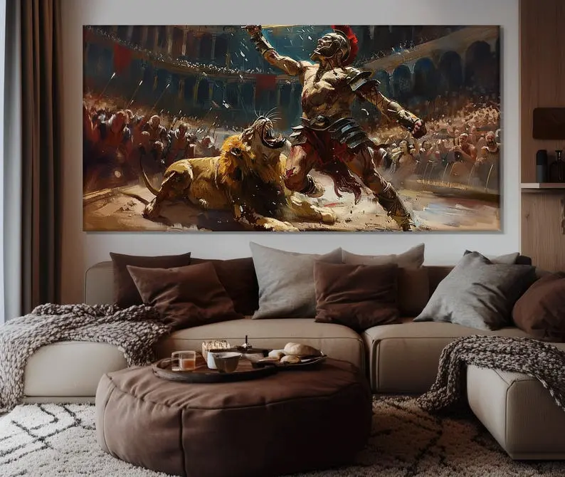 Gladiator Spartacus Fighting a Lion in the Colosseum Painting Printed Poster, Gladiator Fight Paper Print, Ancient Colosseum Painting