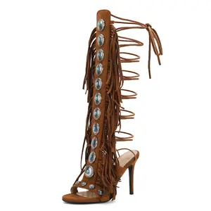 【New arrive】Women's Strappy Knee High Gladiator Heels | Peep Toe Stiletto Fringe Boots