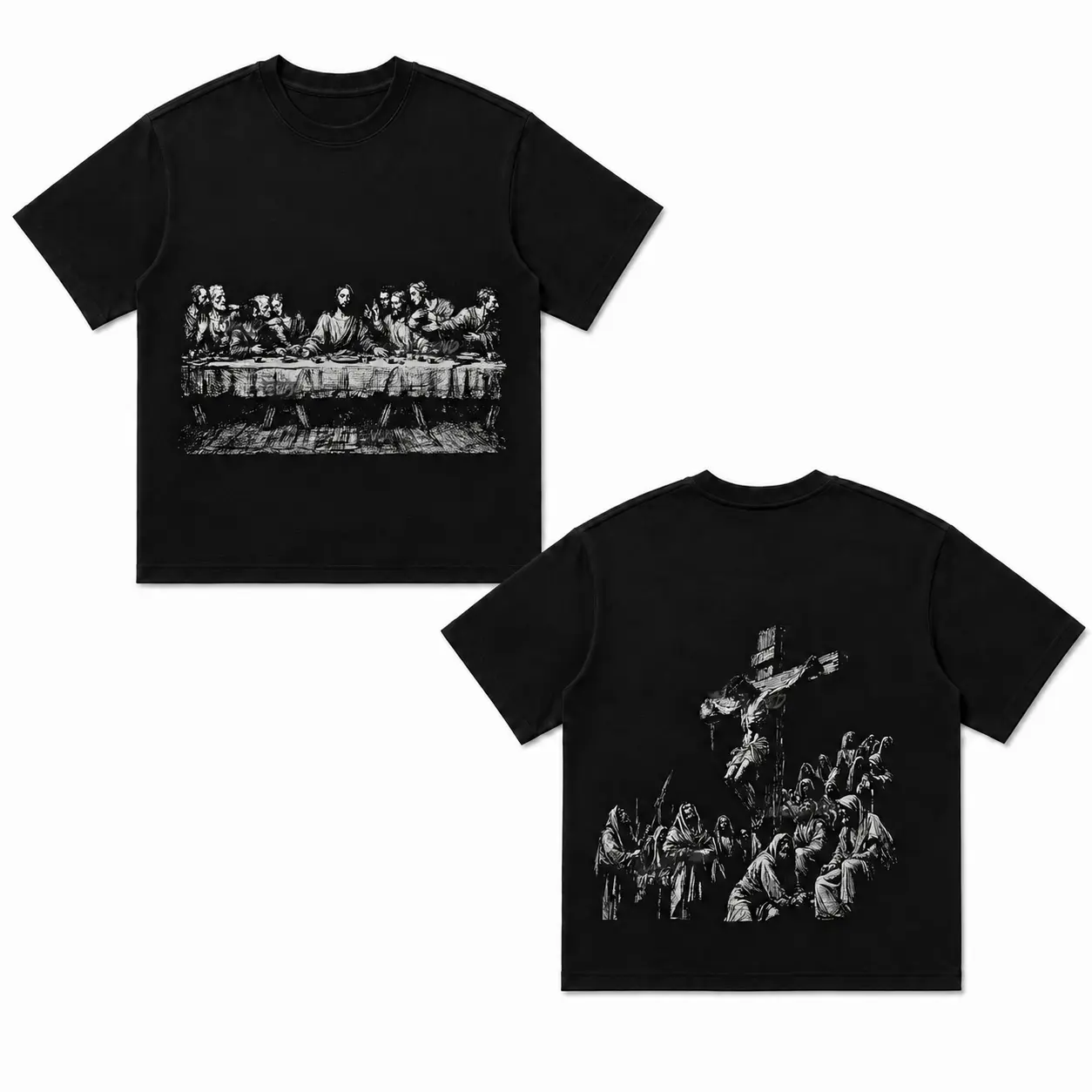 Men's Heavyweight Heavy Cotton Short-Sleeve Streetwear Gothic Art Jesus Print Oversized Cropped T-Shirt