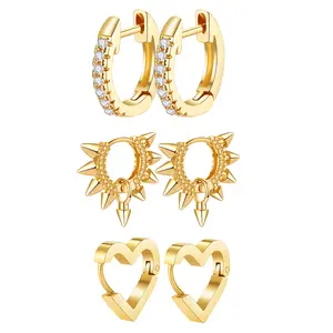 OIDEA 3 Pairs 14K Gold Plated Hoop Earrings Set for Women - Cubic Zirconia Heart Tapered Mini Huggie Hoop Earrings - Stackable Cartilage Jewelry