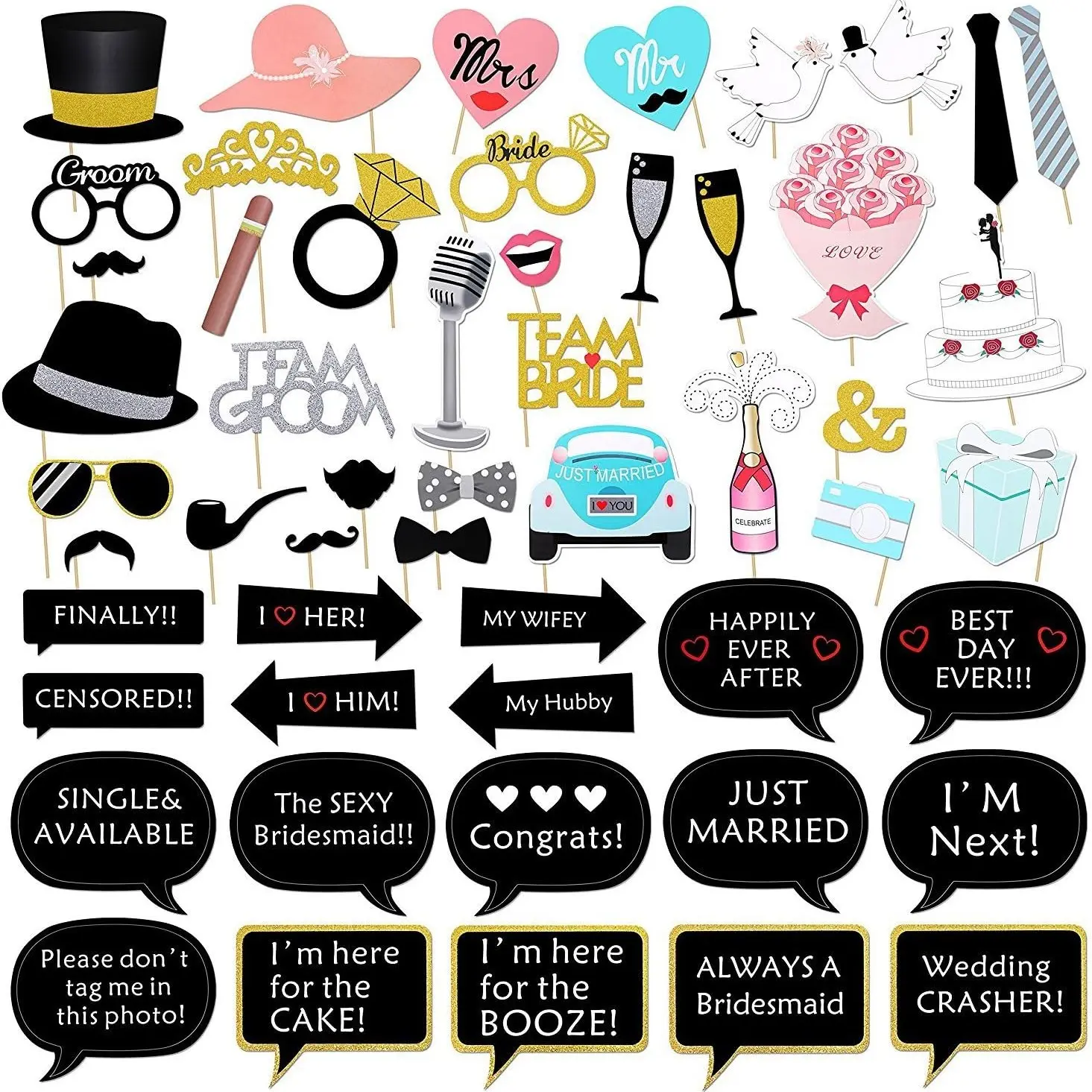 52pcs Wedding Photo Booth Props Set, Bride Gift Party Supplies, Perfect for Bridal Shower & Wedding Events, Fun Photography Accessories, Party Decoration Supplies, Party Favor, Party Accessory, Photobooth Props