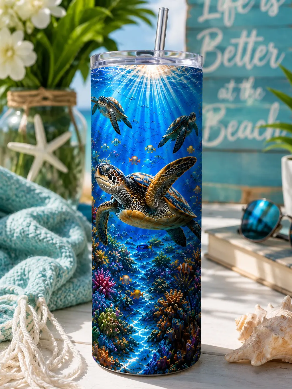 Sea Turtle Ocean Paradise 20oz Stainless Steel Tumbler | Sea Turtle Travel Mug with Lid & Straw | Double Wall Insulated Cup life Insulated Drink Cup Stainless Steel Thermos