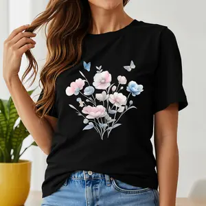 Floral Pattern Women's T-Shirt Pastel Flowers And Butterflies Spring Summer Gift For Her
