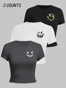 Women's Smile Face Print Round Neck Tee, Fashion Casual Crew Neck T-shirt for Daily Holiday Vacation Outdoor Wear, Ladies Clothes for Summer, Top