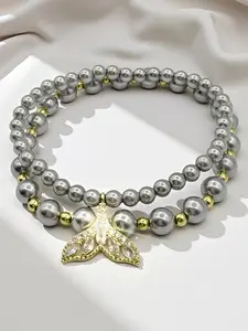 Elegant Faux Pearl Beaded Bracelet with Rhinestone Fish Tail Pendant, Plastic Material, Versatile Daily Wear, Luxury Korean Style Accessory