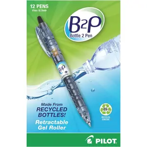 PilotBottle to Pen B2P Retractable Gel Pens, Fine Point, 0.7 mm, 89% Recycled, Translucent Barrel, Black Ink, 12