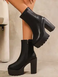 Mid-Calf Thick Sole Women's Boots, Round Toe Chunky Heel Zipper, Vintage Gogo Style, Daily Commute, Holiday