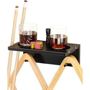 Wall Mounted Cue Holder - Hardwood Billiard Cue Rest and Drink Holder with Chalk Holder, 11 x 6.3 x 4.1 Inches (Black)