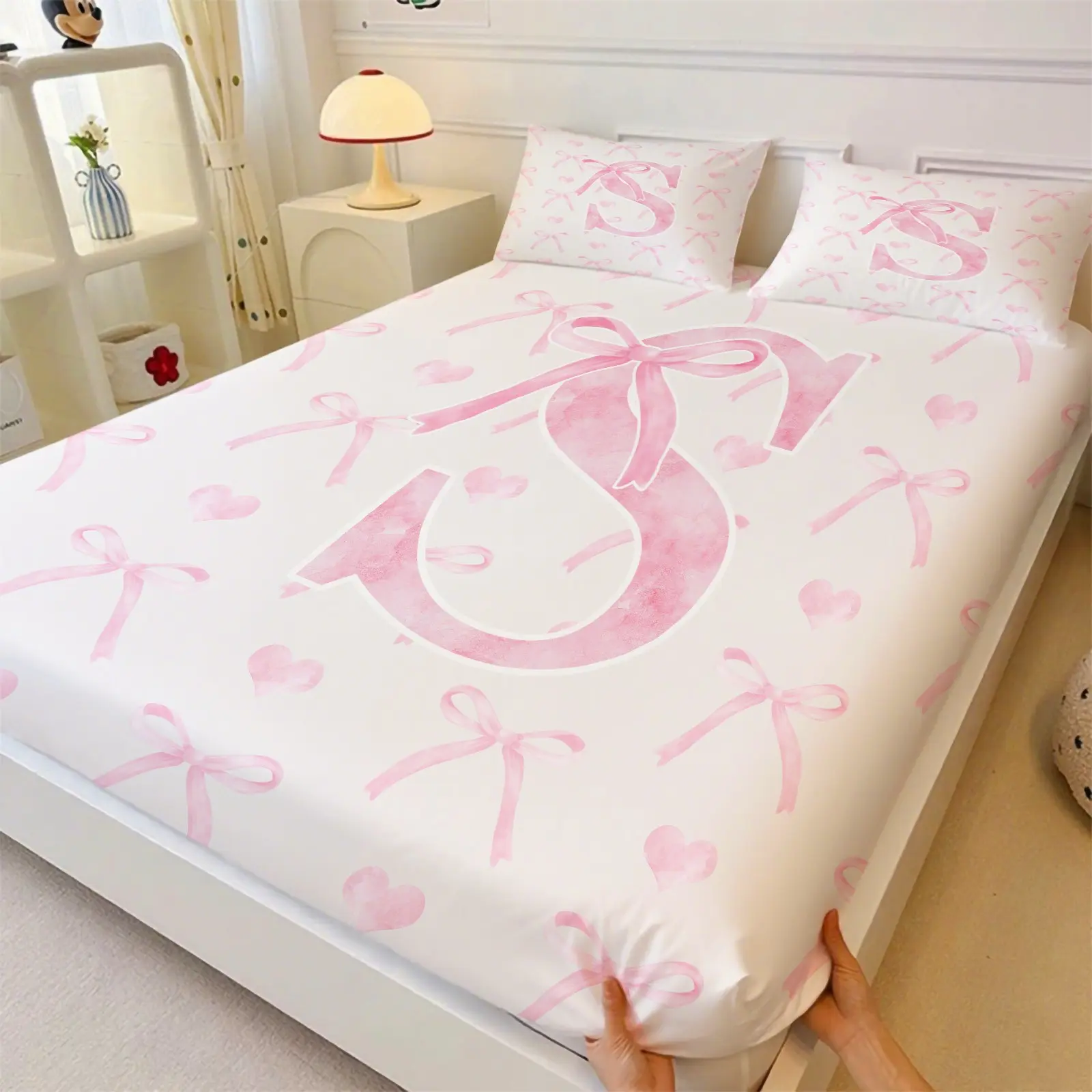 Coquette Personalized Initial S Breathable Fitted Sheet Set, Decorative Bedsheet Sets, 1 Fitted Mattress Sheet + 2 Pillowcases, Pink Watercolor Bow & Heart Print Bedding, Ultra-Soft Microfiber Bed Linen, Perfect Custom Gift for Teen Girls