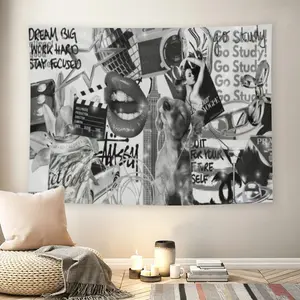 Dream Big Work Hard Stay Focused Black White Collage Wall Flag, Y2K 2000s Aesthetic Disco Ball Lips Print Tapestry, Mid-century Modern Grunge Room Decor for Adult Fans, Study Motivation Fashion Vibe Wall Hangingmusic comics wall flags custom tapestries