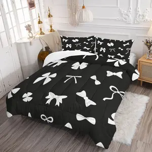 Elegant Bow Comforter Set - Soft Durable Bedding, 1 Quilt + 1/2 Pillowcases, Monochrome Bow Pattern, Minimalist Coquette Style for Bedrooms, Dorms & Guest Rooms