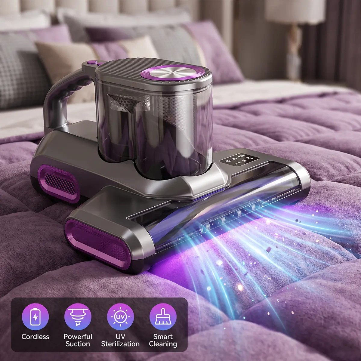 【Black Friday】Mattress Vacuum Cleaner, 120W 18kPa Strong Suction, 65℃ Hot Air, LED Display, High-Frequency Vibration, Cordless Cleaning Mini Rechargeable Vacuum for Sofa, Pet Hair Removal,