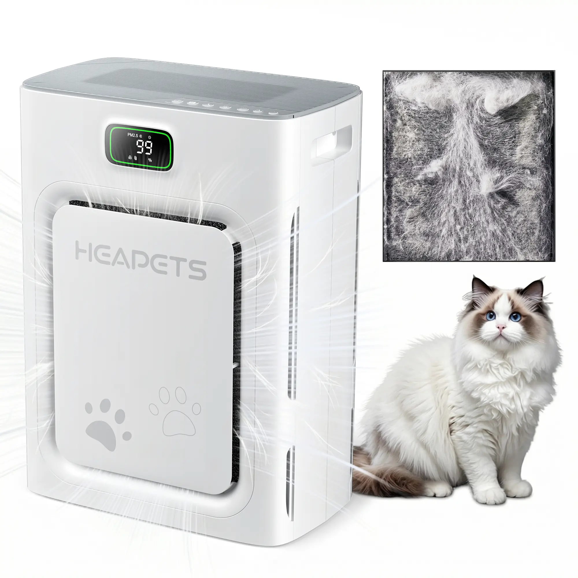 【2026 New Arrivals】Heapets P358 Pet Purifier for Home Large Room (Up to 2500 sq ft), H13 HEPA Double-Sided Filter, Cleaner for Pet Hair, Dander, Odor, Allergens, PM2.5, with Quality Monitor, Auto Mode, 5 Speeds, Ce, Apartment