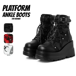 Platform Ankle Boots for Women Round Toe Chunky Wedge High Heel Lace Up Easy Pull on Zipper Closure Goth Combat Punk Party Cosplay Motorcycle Riding Spring Summer Fashion Dressy Shoes