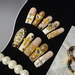 10pcs Handmade Nail Art Set, Long Rectangle Design, Luxurious Cross & Virgin Mary Theme, French Manicure, Includes Glue & Tools