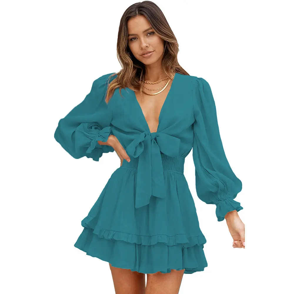 V-neck Ruffled Slimming Long Sleeves Short A- Line Dress V-neck Ruffled Slimming Long Sleeves Short A- Line Dress