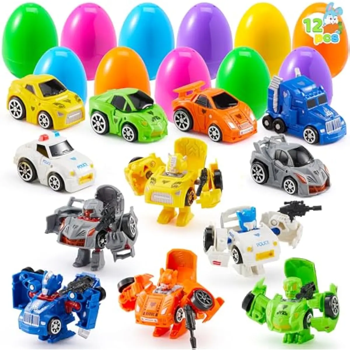 12pcs Easter Prefilled Eggs with Car Robot Toys, Basket Stuffers for Kids, Cool Car Toys for Easter Egg Hunt Theme Party Favors, Goodie Bag Fillers, Classroom Prize Supplies Gifts for Boys