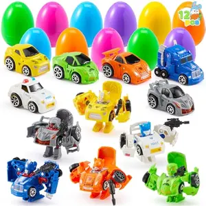 12pcs Easter Prefilled Eggs with Car Robot Toys, Basket Stuffers for Kids, Cool Car Toys for Easter Egg Hunt Theme Party Favors, Goodie Bag Fillers, Classroom Prize Supplies Gifts for Boys