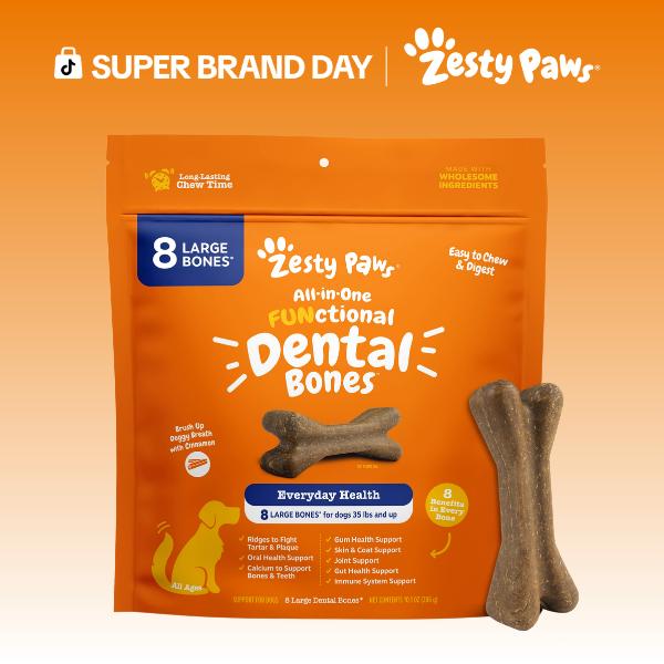 Zesty Paws All-in-One Functional Dental Bone Chews for Large Sized Dogs, Large Easy Chew Dog Treats, Joint & Immune Health Support Vitamin