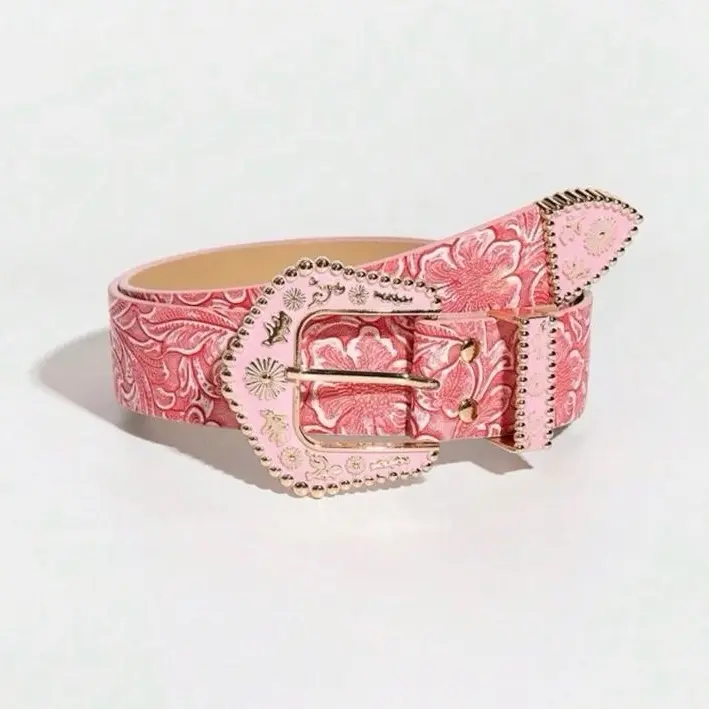 Women's Western Belt With Flower Carvings And Colorful Asymmetrical Embroidery, Perfect For Daily Outfits With Jeans Halloween Valentine's Day Valentines Summer, School Fall, Autumn, Halloween
